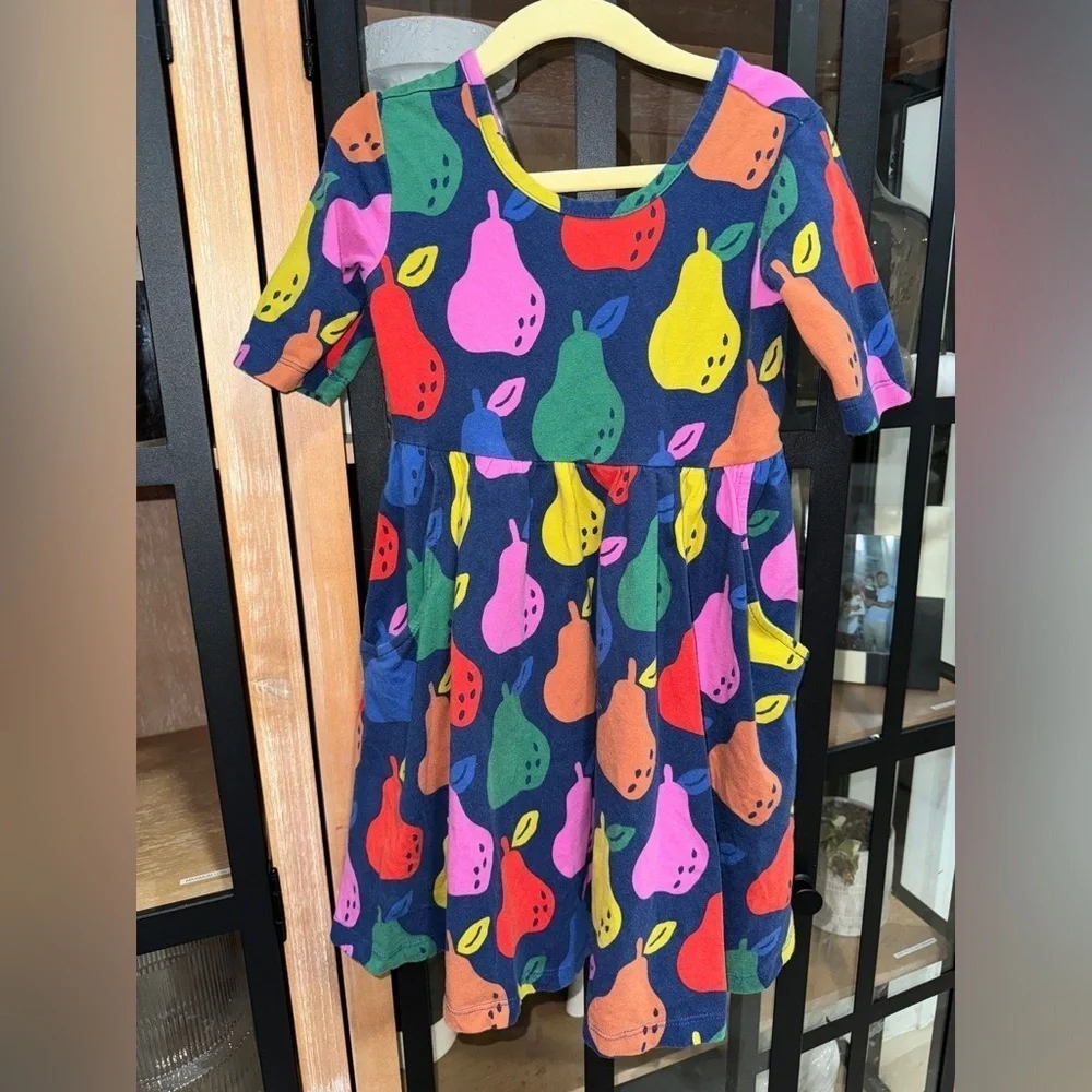 Hanna Andersson jersey skater dress Colorful Pears On Navy elbow rainbow toddler